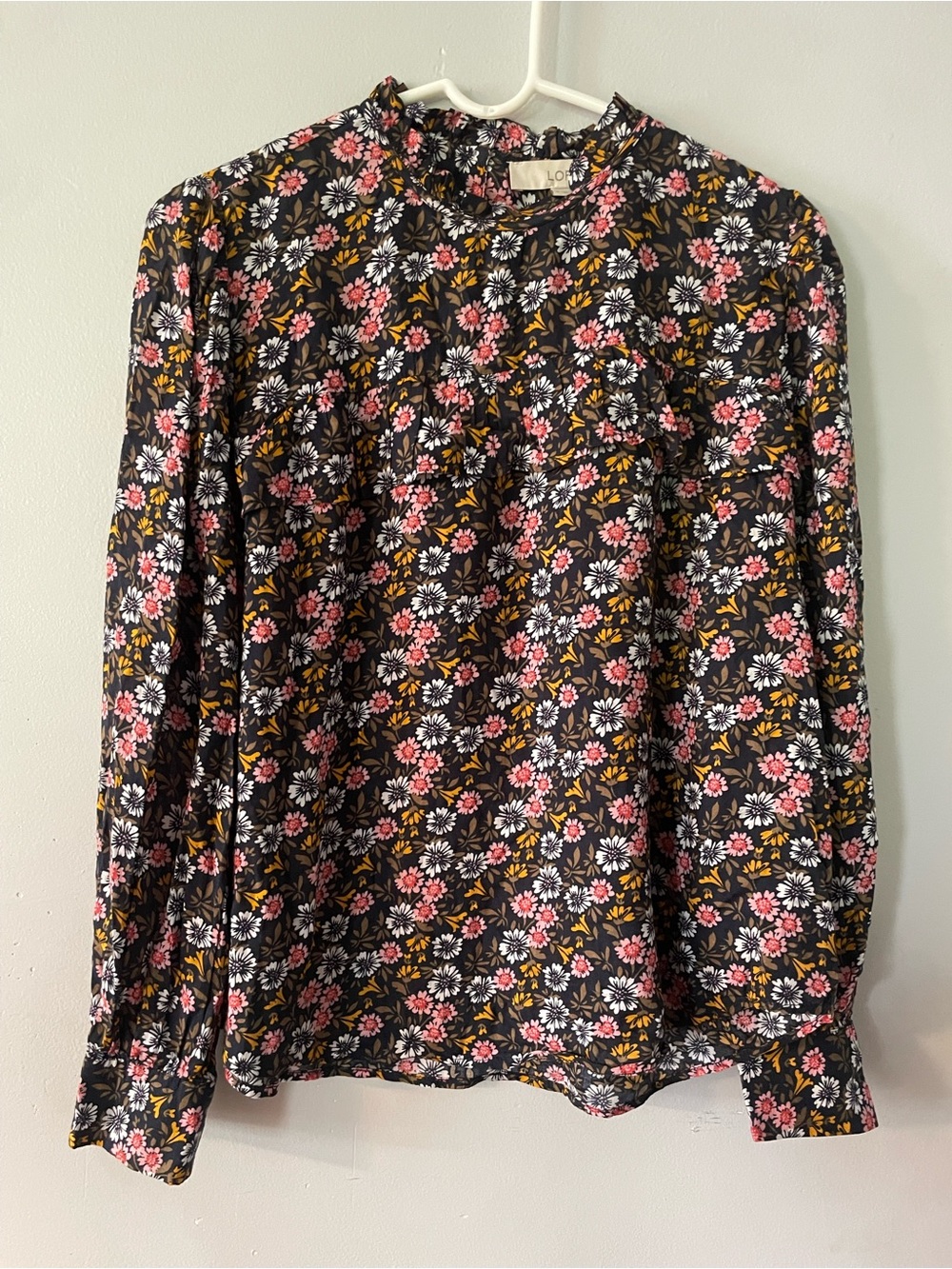 LOFT Black Floral Long Sleeve Top with Pink & White Flowers Small